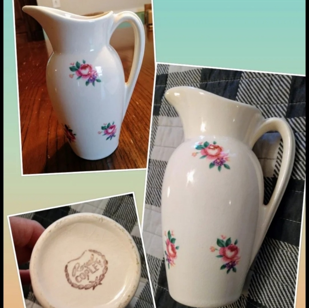 Vtg small ceramic floral Pitcher Royal Copley MCM roses Country Chic